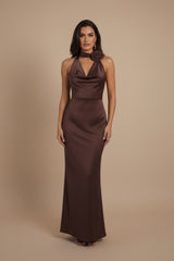 Chocolate Brown Halterneck Rose Detail Maxi Dress- Cafe