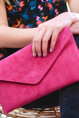 Hot Pink Suede Envelope Luxe Clutch Bag - Laura