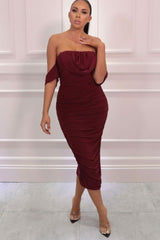 Wine Bardot Cowl Neck Ruched Midi Dress - Malia