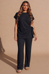 Black Tie Side Relaxed Fit Top And Wide Leg Trousers - Cheese