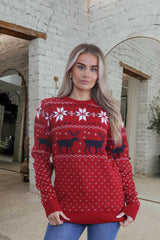 Red Reindeer & Snowflake Pattern Knitted Christmas Jumper - Talia