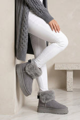 Grey Faux Suede Faux Fur Cuff Chunky Platform Ankle Boots - Silo