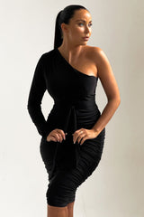 Black One Shoulder Ruched Slinky Midi Dress - Savannah