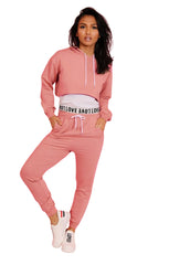 Dusty Pink Love Crop Hoodie and Jogger Three Piece Set- Janey