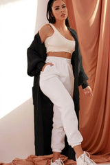 Black Longline Rib Knitted Balloon Sleeve Pocket Detail Maxi Cardigan - Thea