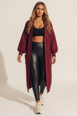 Wine Knitted Long Sleeve Pocket Detail Ribbed Cardigan - Leanne