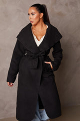 Black Long Sleeve Belted Side Pocket Shawl Collar Midi Longline Coat - Payton