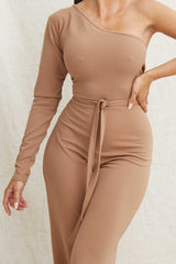 Camel Belted One Shoulder Jumpsuit - Evelyn