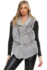 Grey PU Faux Leather Faux Fur Gilet - Liana
