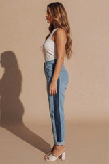 Light Blue Wash Contrast Side Stripe Mom Jeans – Bella