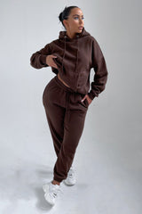Chocolate Oversized Front Pocket Pullover Hoodie Cuffed Joggers Loungewear Set - Alexia