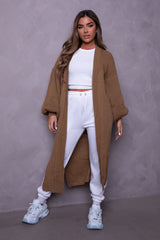 Chocolate Knitted Balloon Sleeve Side Split Longline Midi Cardigan- Emmy