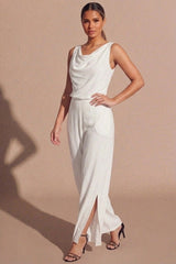 White Draped Cowl Neck Top & Split Hem Trouser Co-Ord Set - Dvaina