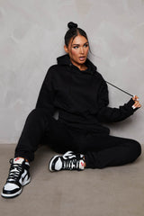 Black Long Sleeve Cropped Fleece Hoodie & Cuffed Joggers Loungewear Set - Layla