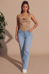 Stone Suede Cowl Neck Handkerchief Hem Halterneck Top - Zarinana