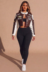 Brown & White PU Leather Racer Patch Details cropped Jacket - Robina