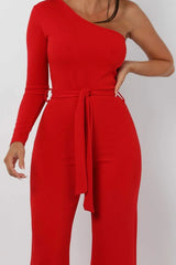 Red Belted One Shoulder Jumpsuit - Evelyn