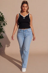 Black Ribbed Flower Embroidered Sleeveless Crop Top - Riym