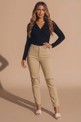 Beige High Waisted Skinny Soft Touch Skinny Jeans With Rip Detail  - Delilah