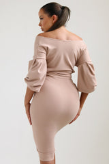 Nude Belted Bodycon Midi Dress - Angelica