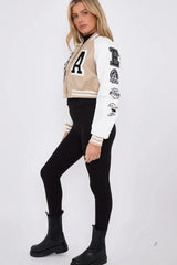 Beige Faux Leather Cropped Contrast Graphic Bomber Jacket - Bellara