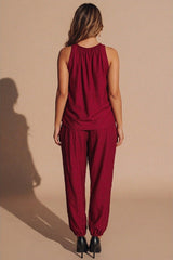Wine Stud Detail Sleeveless Loungewear Co-Ord Set - Reinax