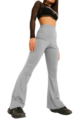 Grey Wide Ribbed Basic Flared High Waist Fit Trousers- Clara