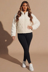 Cream Teddy Borg Quilted Heart Detail Zip Up Jacket - Filon
