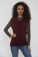 Burgundy V Neck Sleeveless Knitted Vest- Hanya