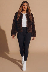 Chocolate Faux Fur Panelled Cropped Jacket - Doman