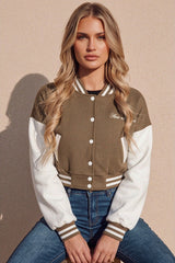 Khaki Varsity Slogan Contrast Sleeve Bomber - Hallie