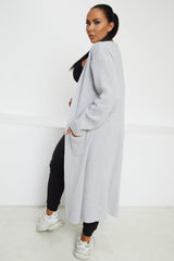 Grey Knitted Long Sleeve Side Split Longline Midi Cardigan - Avery