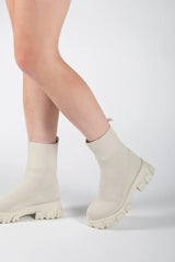 Beige Cleated Pull On Knit Chunky Sole Sock Ankle Boots - Melissa