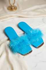 Sky Blue Faux Feather Flat Slip-On Sandals with Gold Toe Detail  - Klon