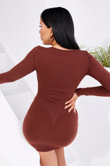 Chocolate Rib High Neck Long Sleeve Open Back Bodycon Mini Dress - Adeline