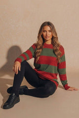 Red & Green Halloween Striped Knitted Jumper - Roynix