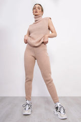 Dusty Pink Ribbed Knitted 3 Piece Loungewear Set-Jinet