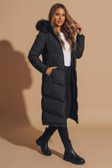 Black Longline Faux Fur Trim Puffer Jacket - Kiera