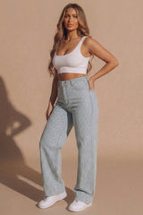 Light Blue Sparkle Diamond Stitch High Waisted Straight Leg Jeans  - Maevo