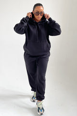 Black Oversized Front Pocket Pullover Hoodie Cuffed Joggers Loungewear Set - Alexia