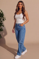 White Ribbed Lace Trim Button Front Vest Top - Vlara