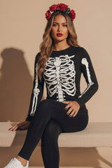 Black Petite Halloween Skeleton Long Sleeve Print T-Shirt Dress- Haina