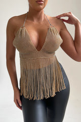 Gold Halter Neck Open Back Chain Mail Tassel Top - Dani