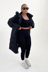 Black Hooded Longline Padded Zip Up Midi Coat - Naomi