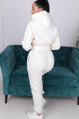 Cream Long Sleeve Cropped Fleece Hoodie & Cuffed Joggers Loungewear Set - Layla