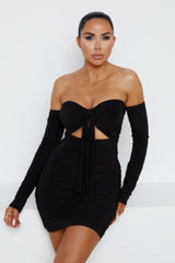 Black Slinky Ruched Bardot Long Sleeve Cut Out Tie Front Bodycon Mini Dress - Zion