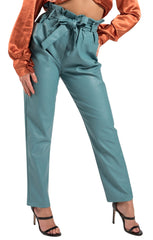 Sage Faux Leather High Waisted Belted Paperbag Trousers- Willow
