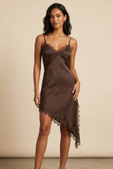 Brown Lace Trim Satin Asymmetric Slip Mini Dress - Taliaza