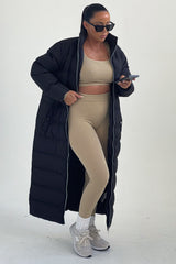 Black Longline Maxi Zip Up Puffer Coat - Heather