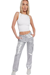 Metallic Silver High Waisted Cargo Glossy Shine Pants- Misa